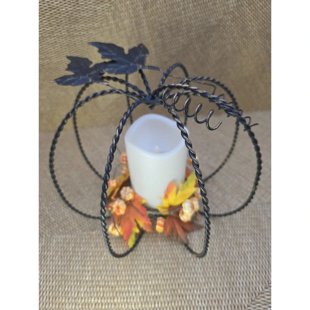 Thanksgiving Autumn Fall Pumpkin‎ Candle Holder Metal Frame LED Flameless Candle